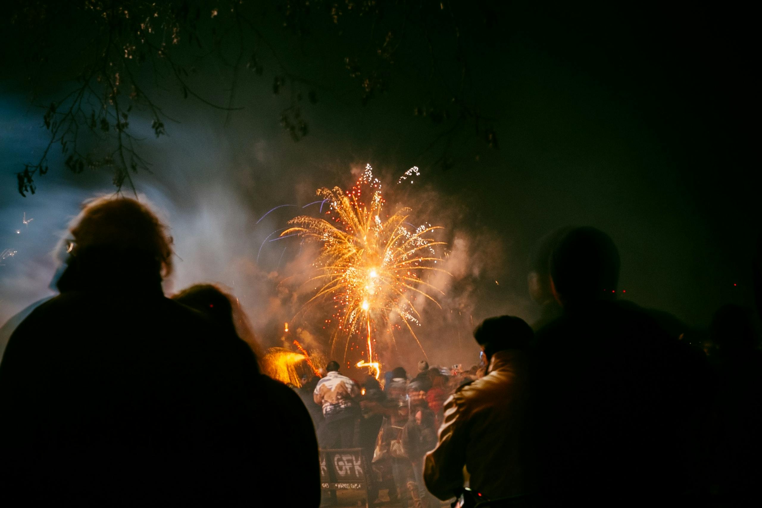 Serlig A crowd gathers under a night sky to watch colorful fireworks at a lively outdoor festival.