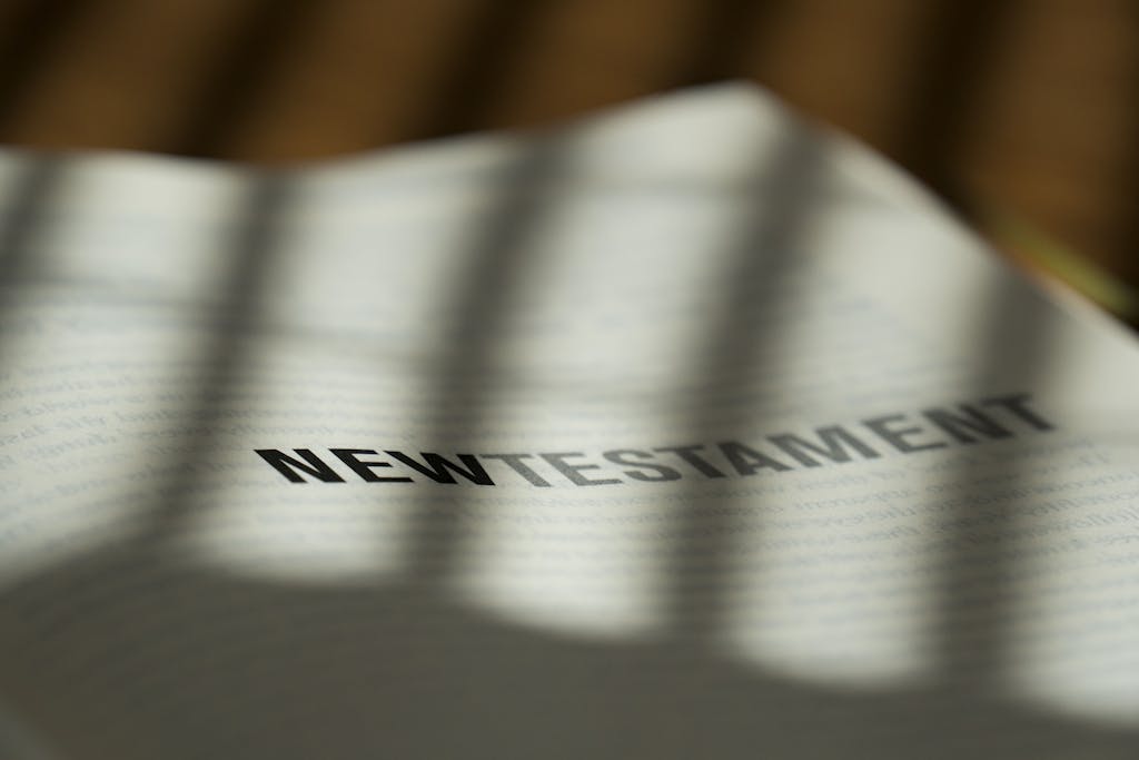 Bastinews.xyz Close-up image of the New Testament with dramatic shadowing, perfect for religious and spiritual content.
