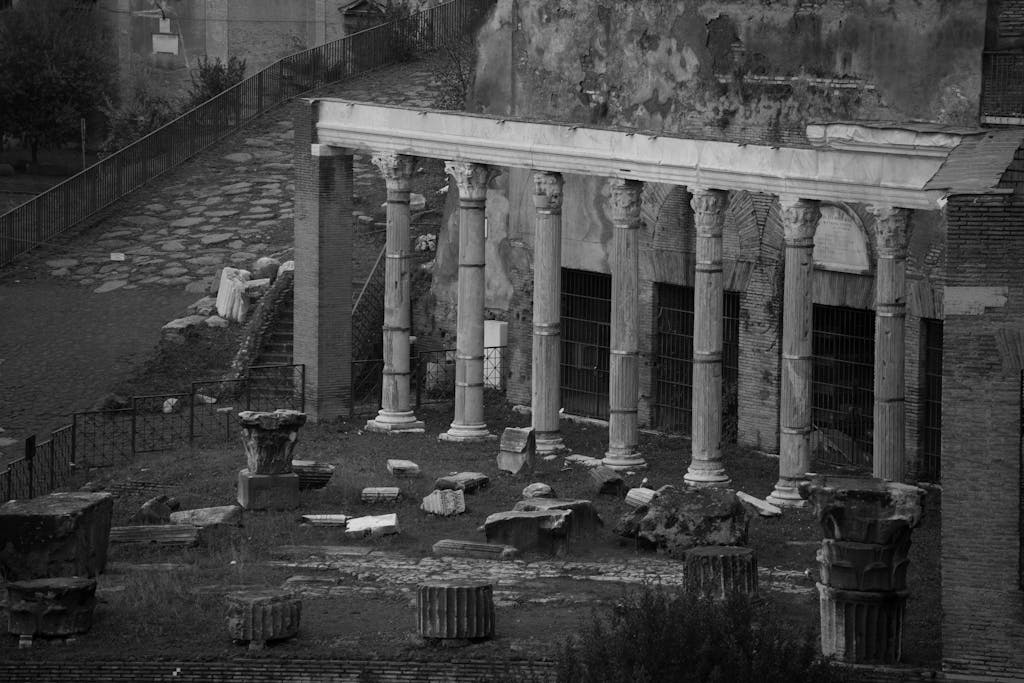 Texas Hunting Forum Black and white photo capturing ancient ruins in Rome's Forum Romanum.