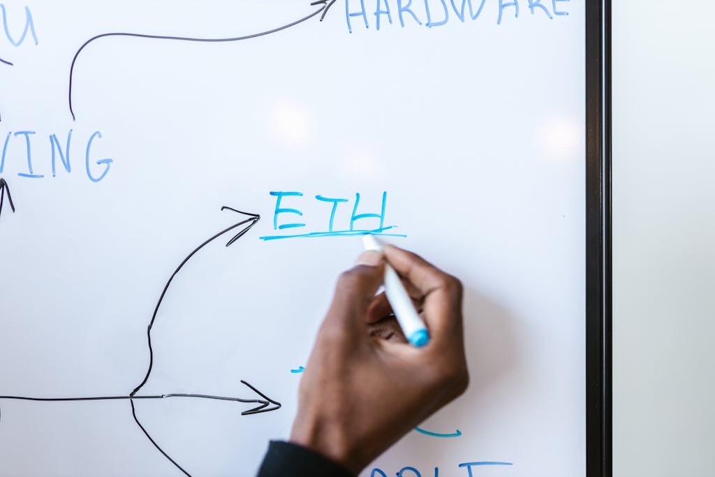 FintechAsia Hand writing 'ETH' on a whiteboard, highlighting Ethereum concept.