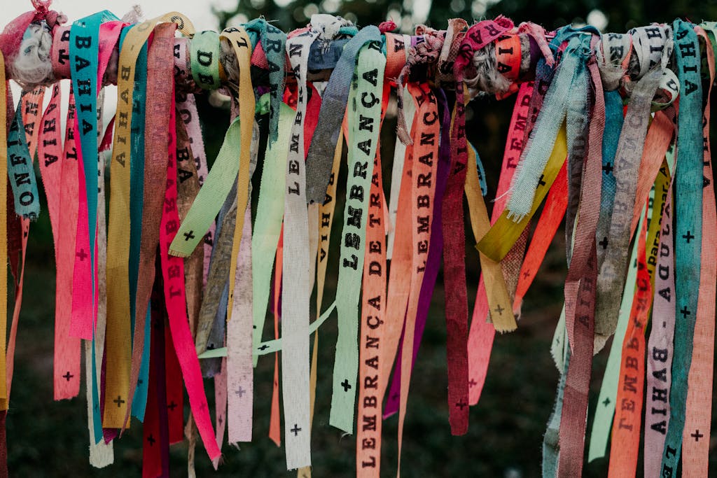 Juntos Seguros ICE Vibrant Lembrança ribbons of Bahia on display in Porto Seguro, Brazil.